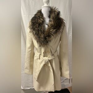 Guess Cream Pea Coat with removable Fur Collar - size medium